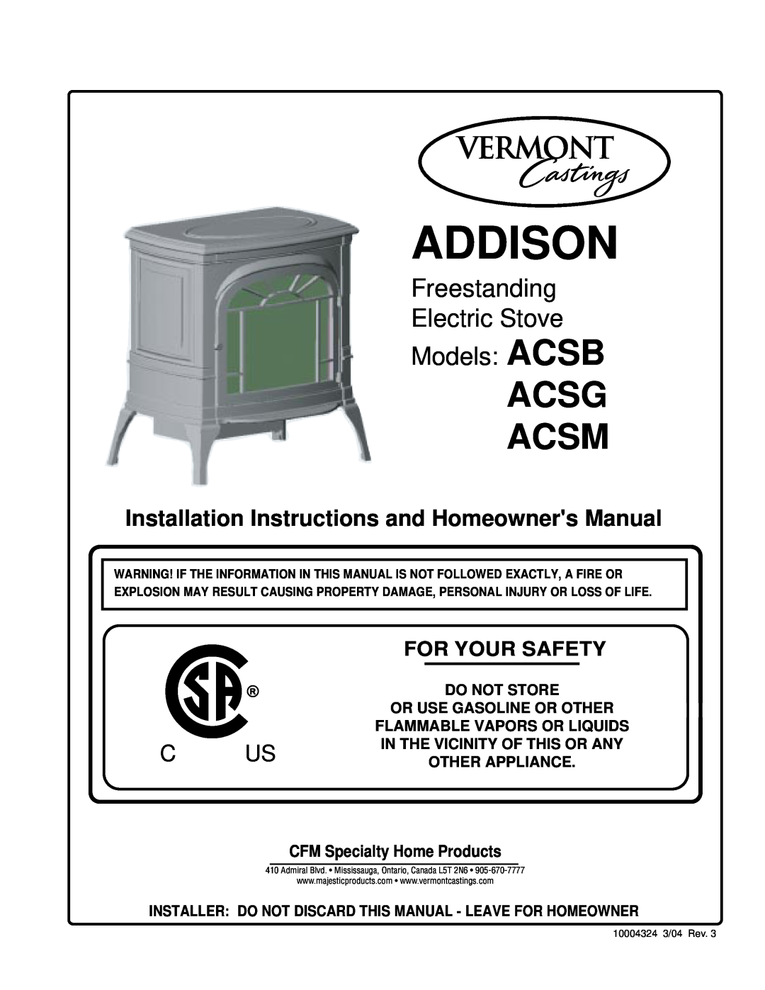 Vermont Casting ACSB installation instructions CFM Specialty Home Products, Addison, Acsg Acsm, C Us, For Your Safety 