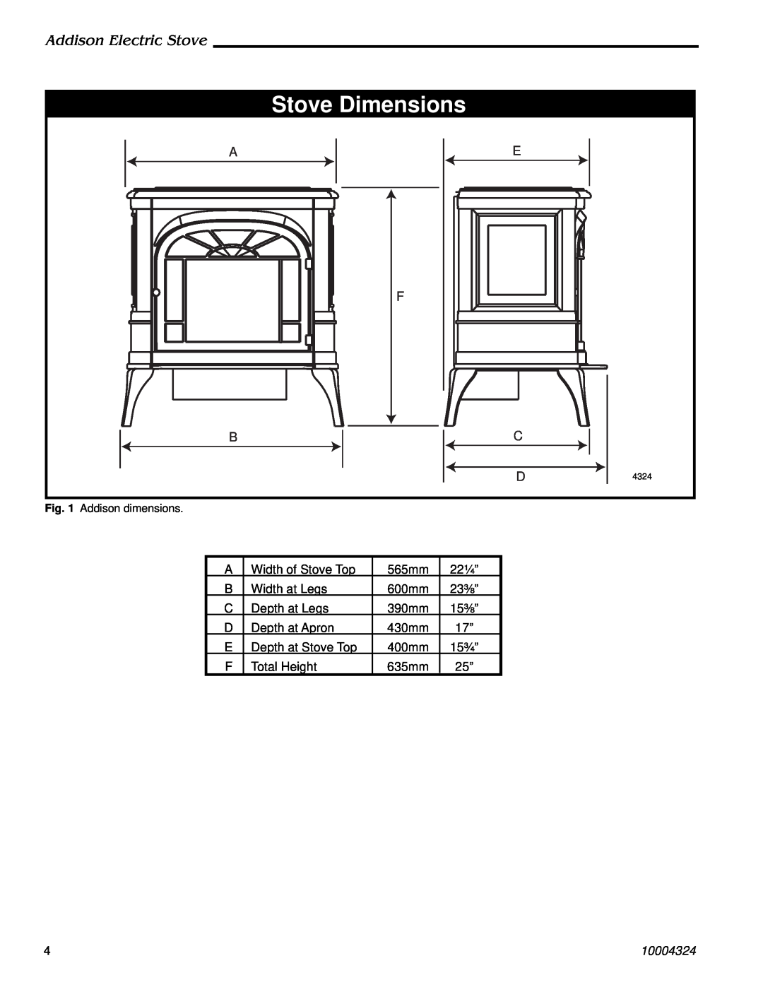 Vermont Casting ACSB installation instructions Stove Dimensions, Addison Electric Stove, 10004324 