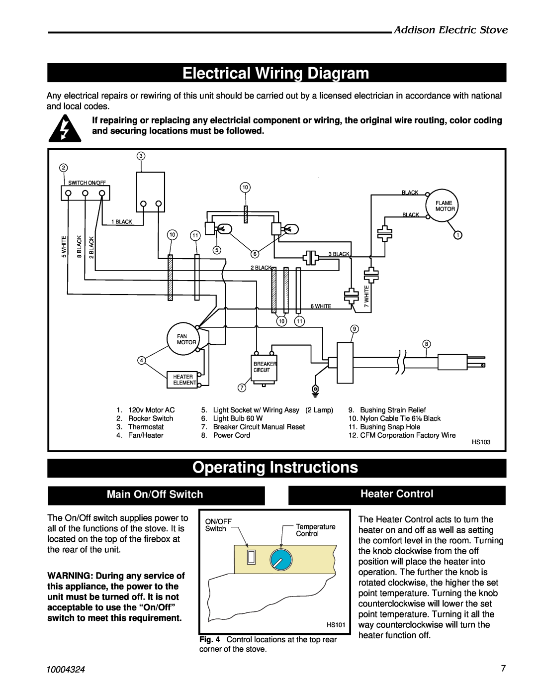 Vermont Casting ACSB Electrical Wiring Diagram, Operating Instructions, Main On/Off Switch, Heater Control, 10004324 