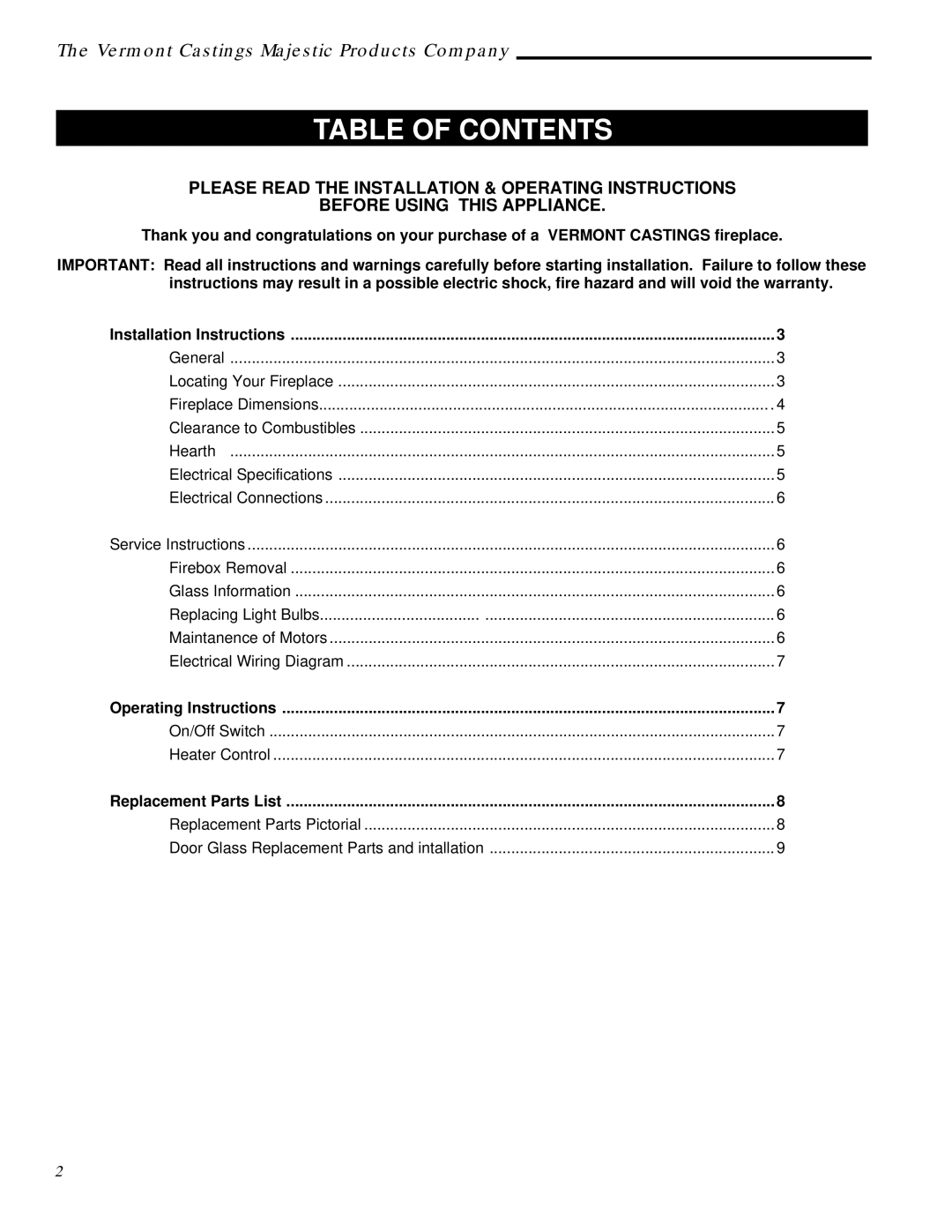 Vermont Casting ACSM, ACSG installation instructions Table of Contents 