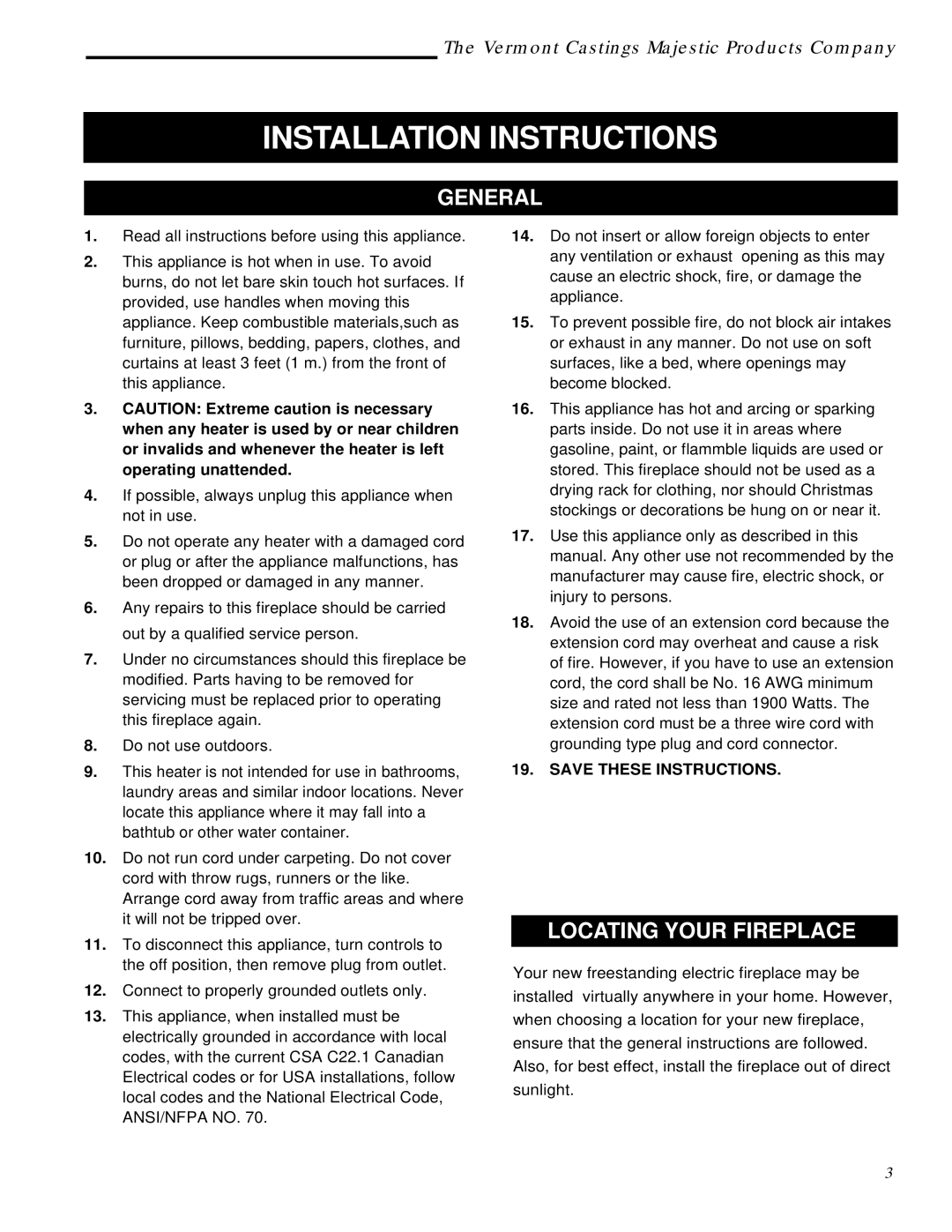 Vermont Casting ACSG, ACSM installation instructions Installation Instructions, General 