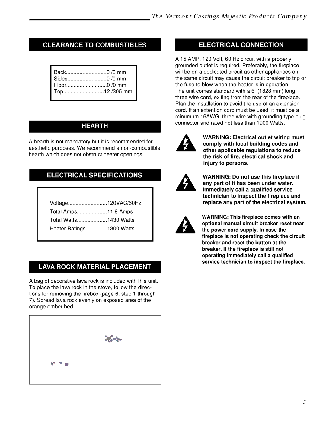 Vermont Casting ACSG, ACSM Clearance to Combustibles, Hearth, Electrical Connection, Electrical Specifications 