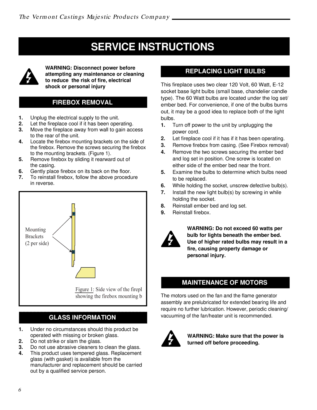 Vermont Casting ACSM, ACSG Service Instructions, Firebox Removal, Glass Information, Replacing Light Bulbs 