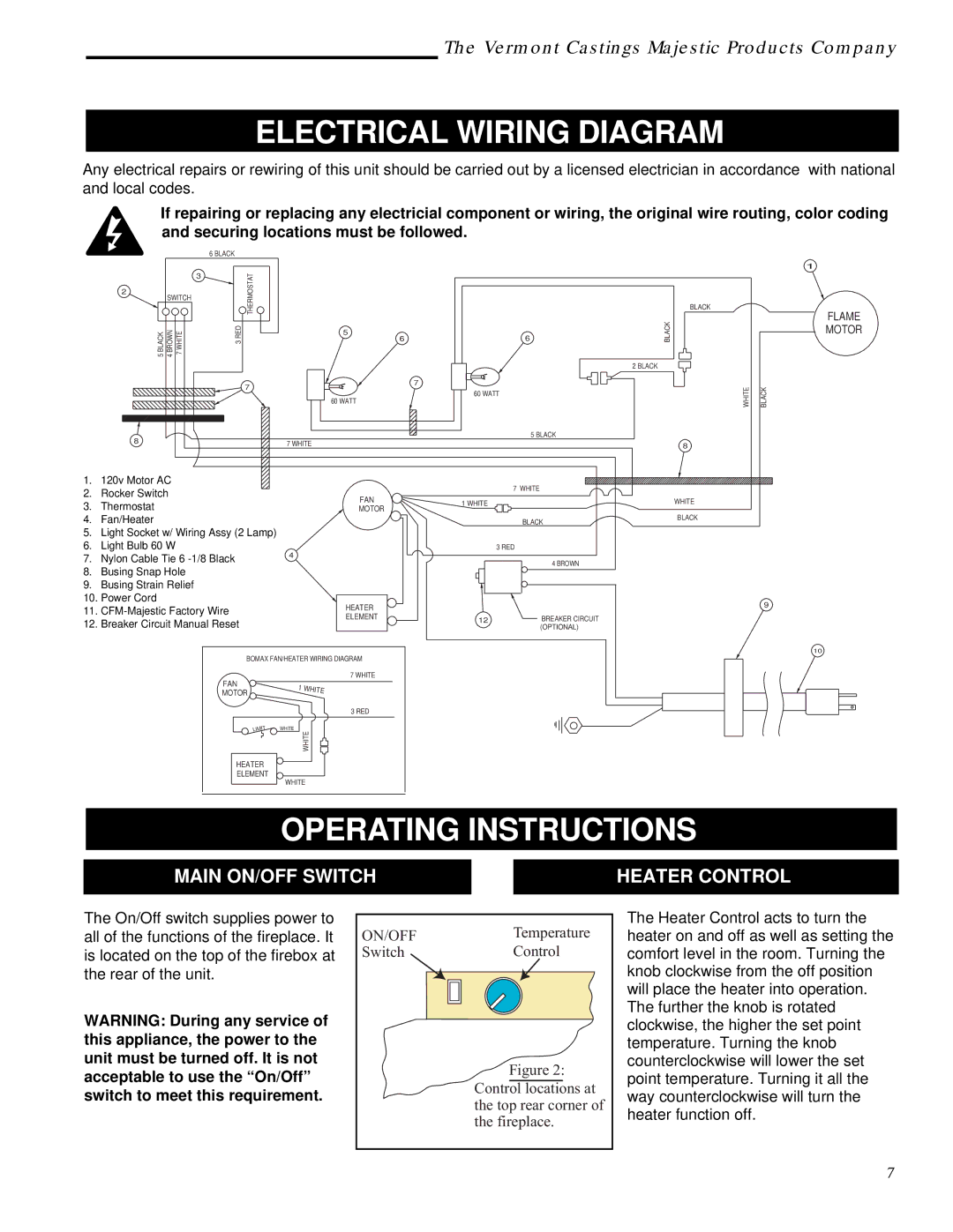 Vermont Casting ACSG, ACSM Electrical Wiring Diagram, Operating Instructions, Main ON/OFF Switch Heater Control 