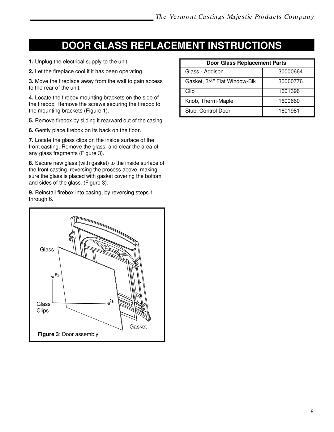 Vermont Casting ACSG, ACSM installation instructions Door Glass Replacement Instructions, Door Glass Replacement Parts 