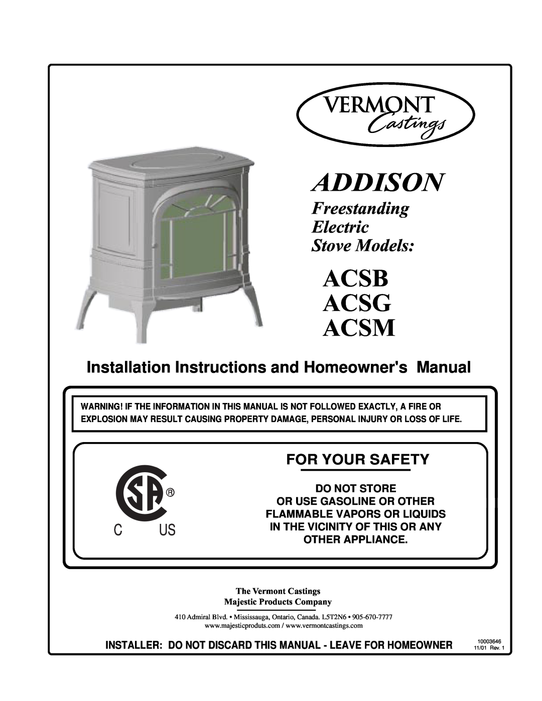 Vermont Casting ACSG installation instructions Addison, Acsb Acsg Acsm, Freestanding Electric Stove Models, Do Not Store 