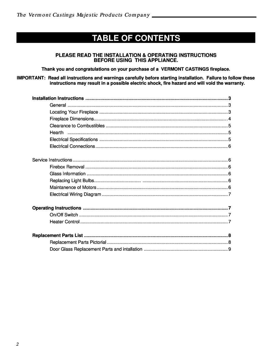 Vermont Casting ACSM, ACSG Table Of Contents, The Vermont Castings Majestic Products Company, Before Using This Appliance 