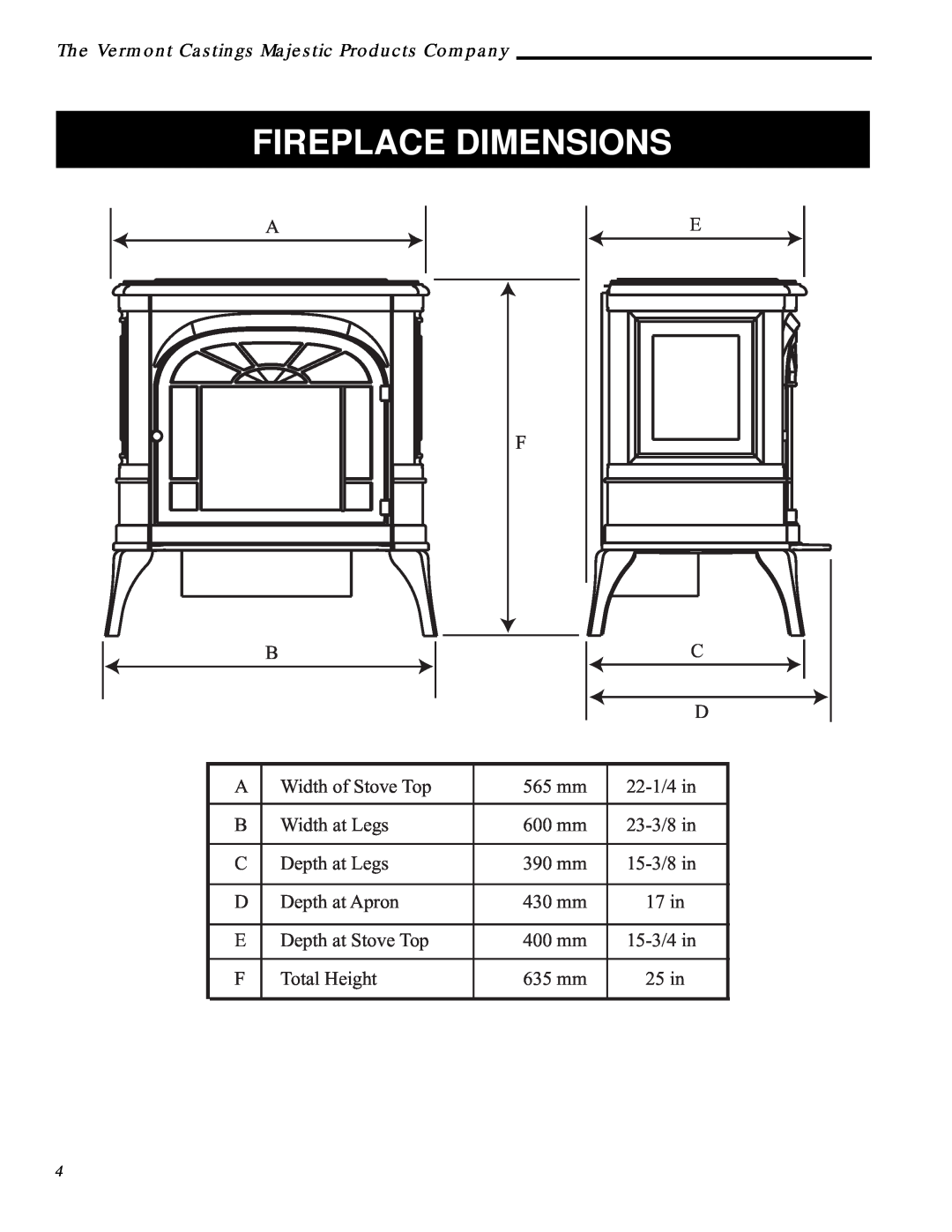 Vermont Casting ACSM, ACSG installation instructions Fireplace Dimensions 