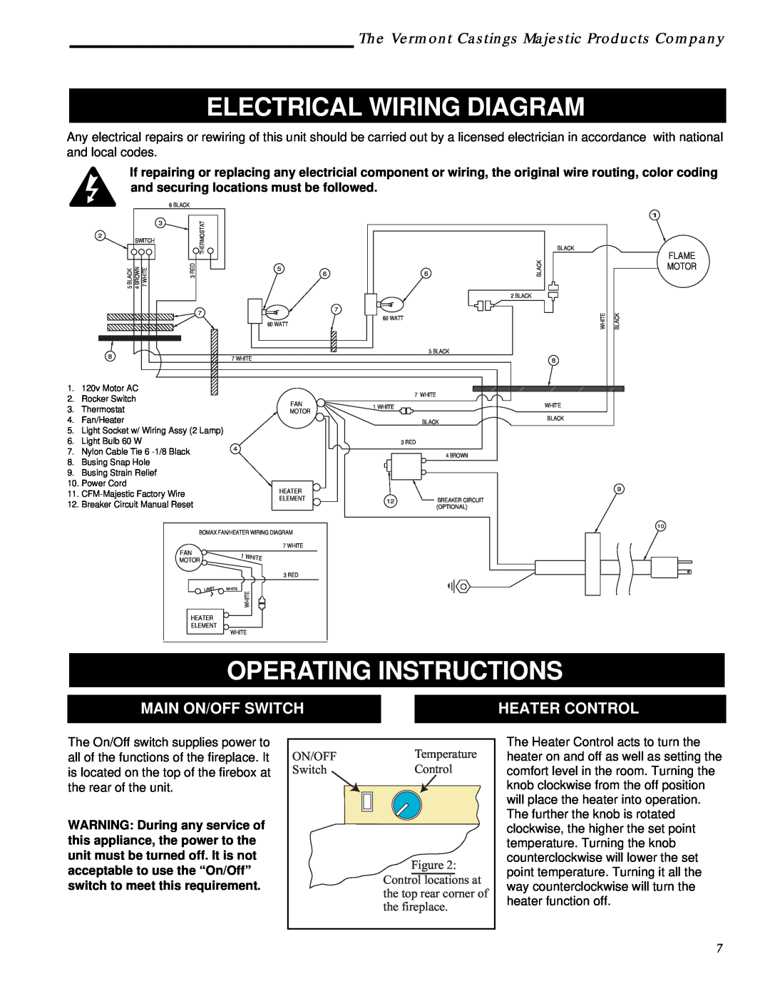 Vermont Casting ACSG Electrical Wiring Diagram, Operating Instructions, The Vermont Castings Majestic Products Company 