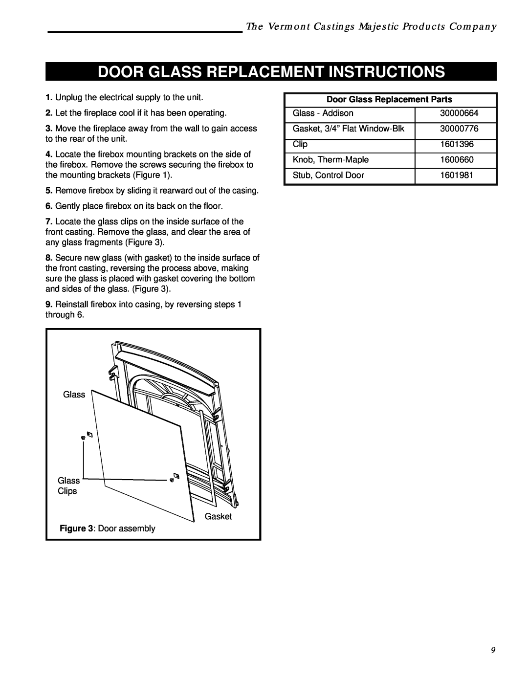 Vermont Casting ACSG, ACSM Door Glass Replacement Instructions, The Vermont Castings Majestic Products Company 