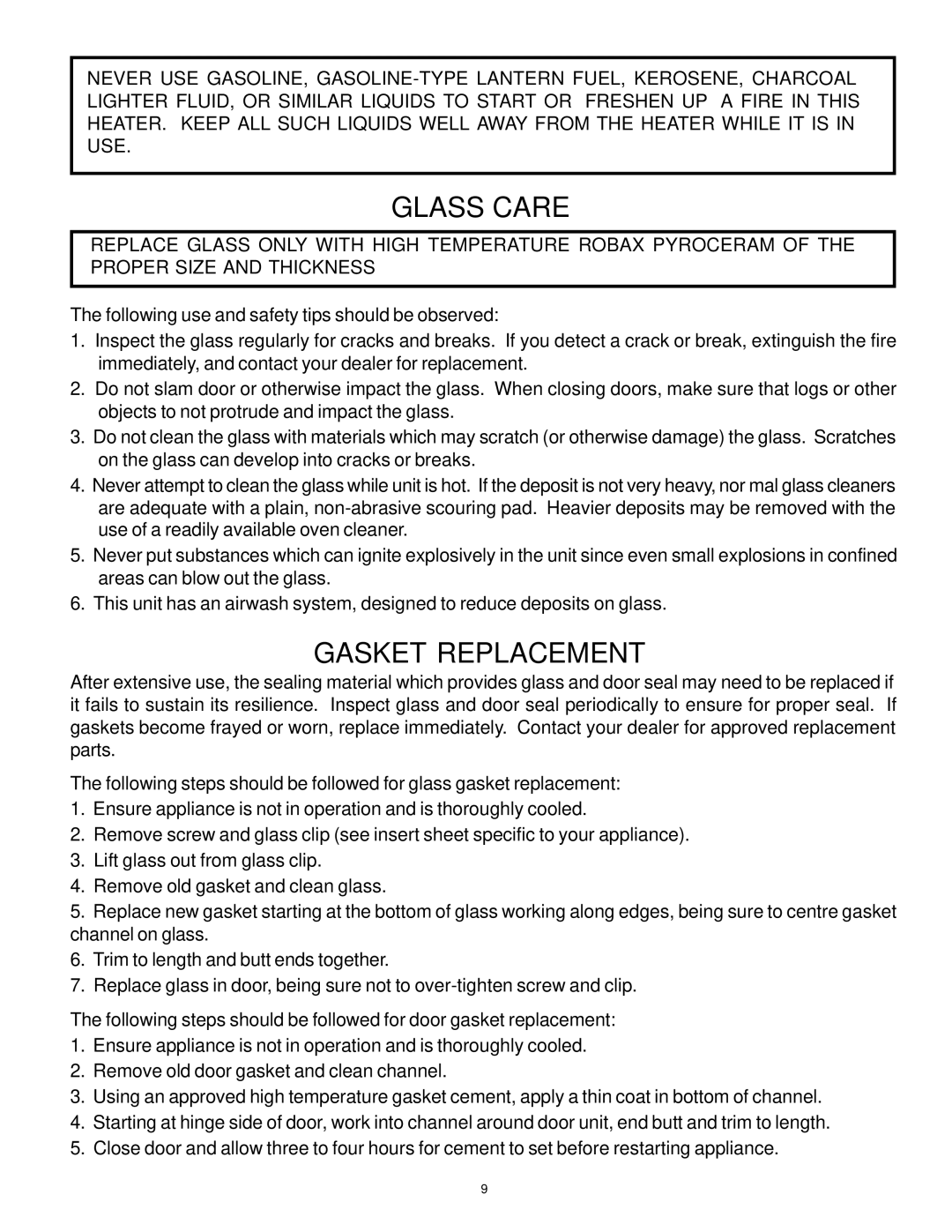 Vermont Casting AIR TIGHT WOOD STOVE owner manual Glass Care, Gasket Replacement 