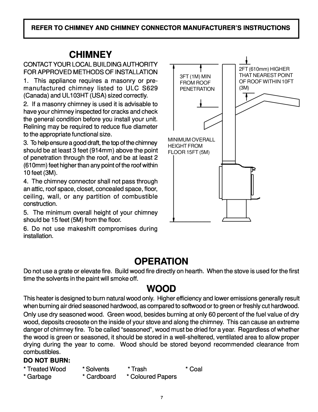 Vermont Casting AIR TIGHT WOOD STOVE owner manual Chimney, Wood, Operation, Do Not Burn 