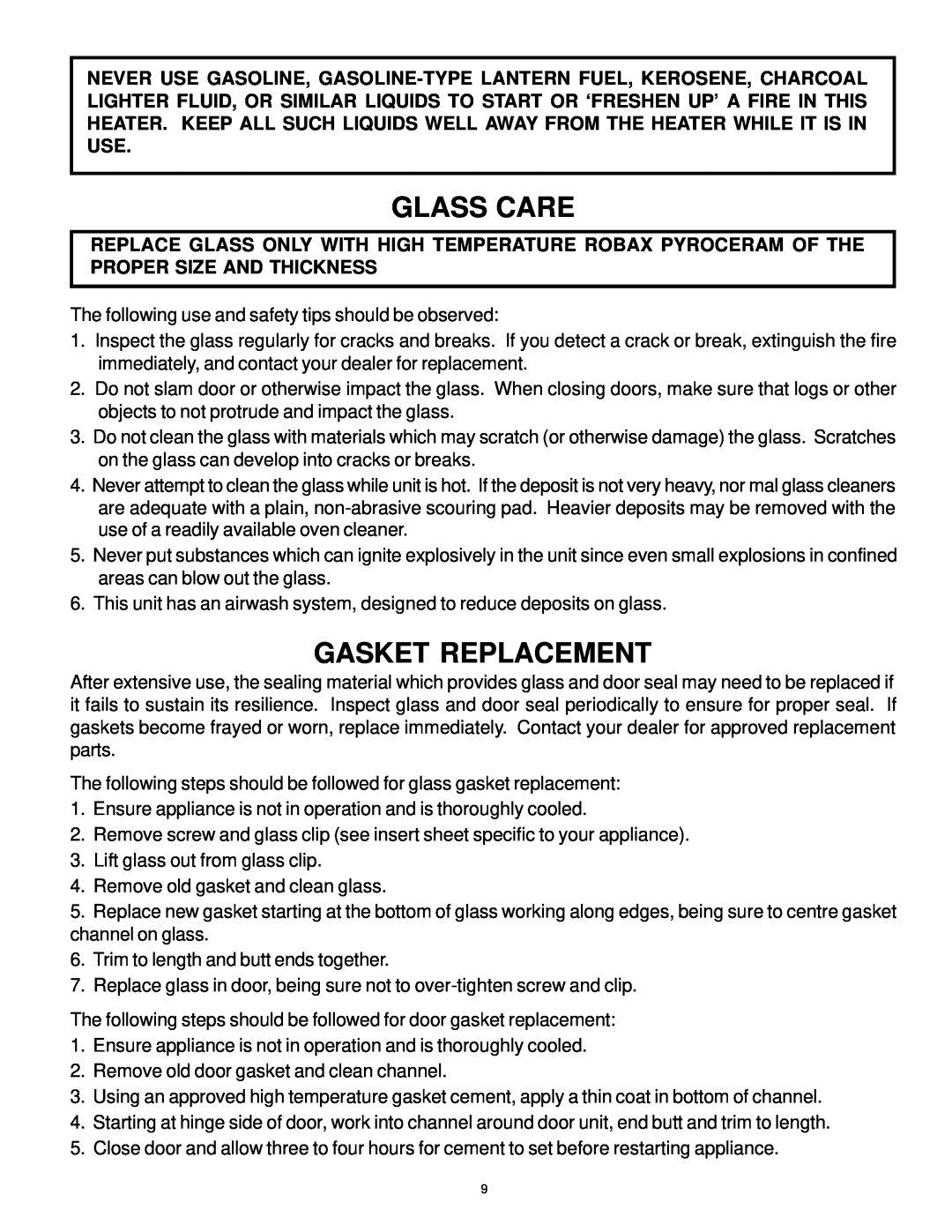 Vermont Casting AIR TIGHT WOOD STOVE owner manual Glass Care, Gasket Replacement 