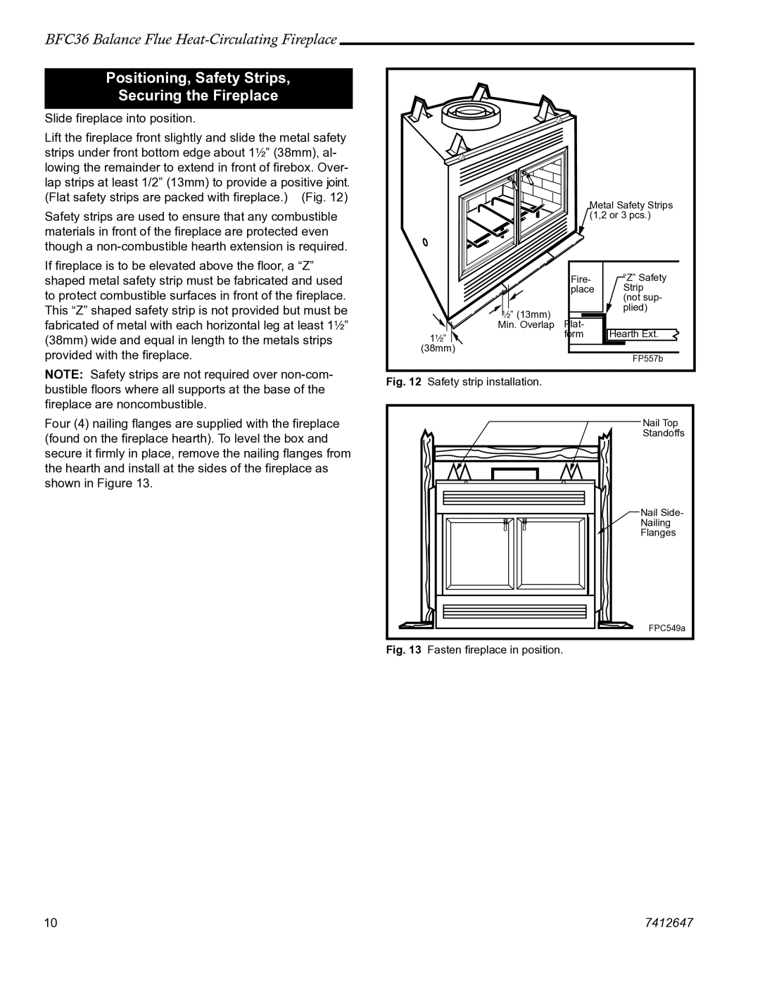 Vermont Casting BFC36 manual Positioning, Safety Strips Securing the Fireplace, Safety strip installation 