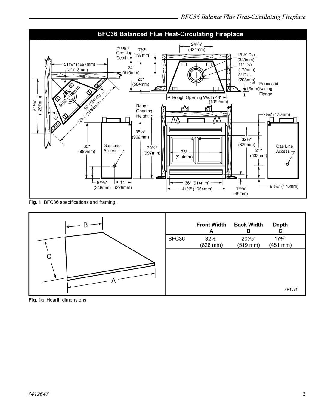 Vermont Casting manual BFC36 Balanced Flue Heat-Circulating Fireplace, BFC36 speciﬁcations and framing 