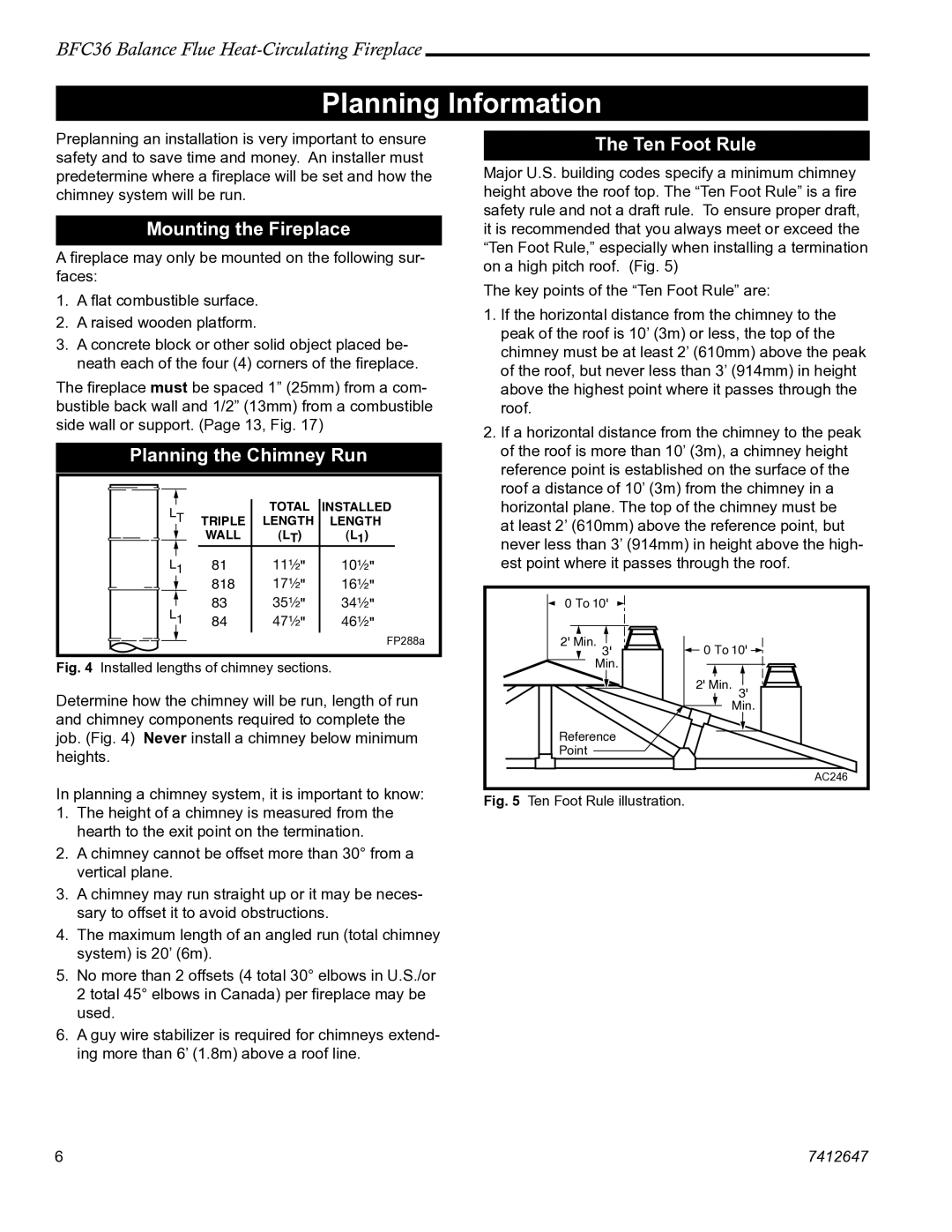 Vermont Casting BFC36 manual Planning Information, Mounting the Fireplace, Planning the Chimney Run, Ten Foot Rule 