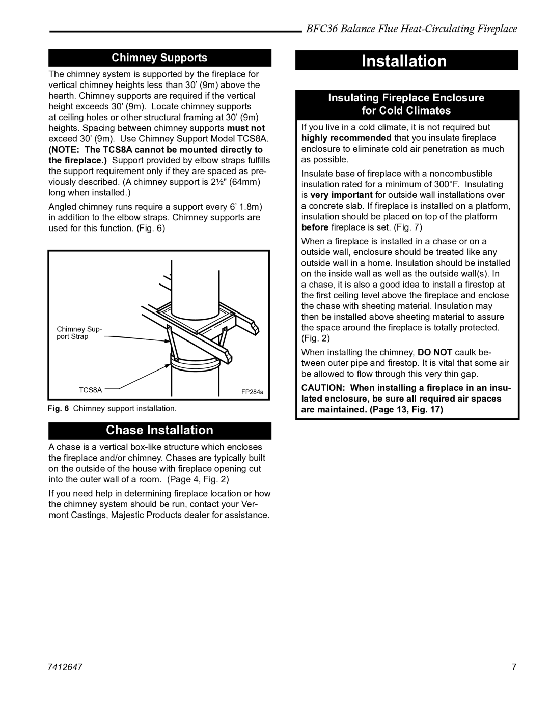 Vermont Casting BFC36 manual Installation, Chimney Supports, Insulating Fireplace Enclosure For Cold Climates 