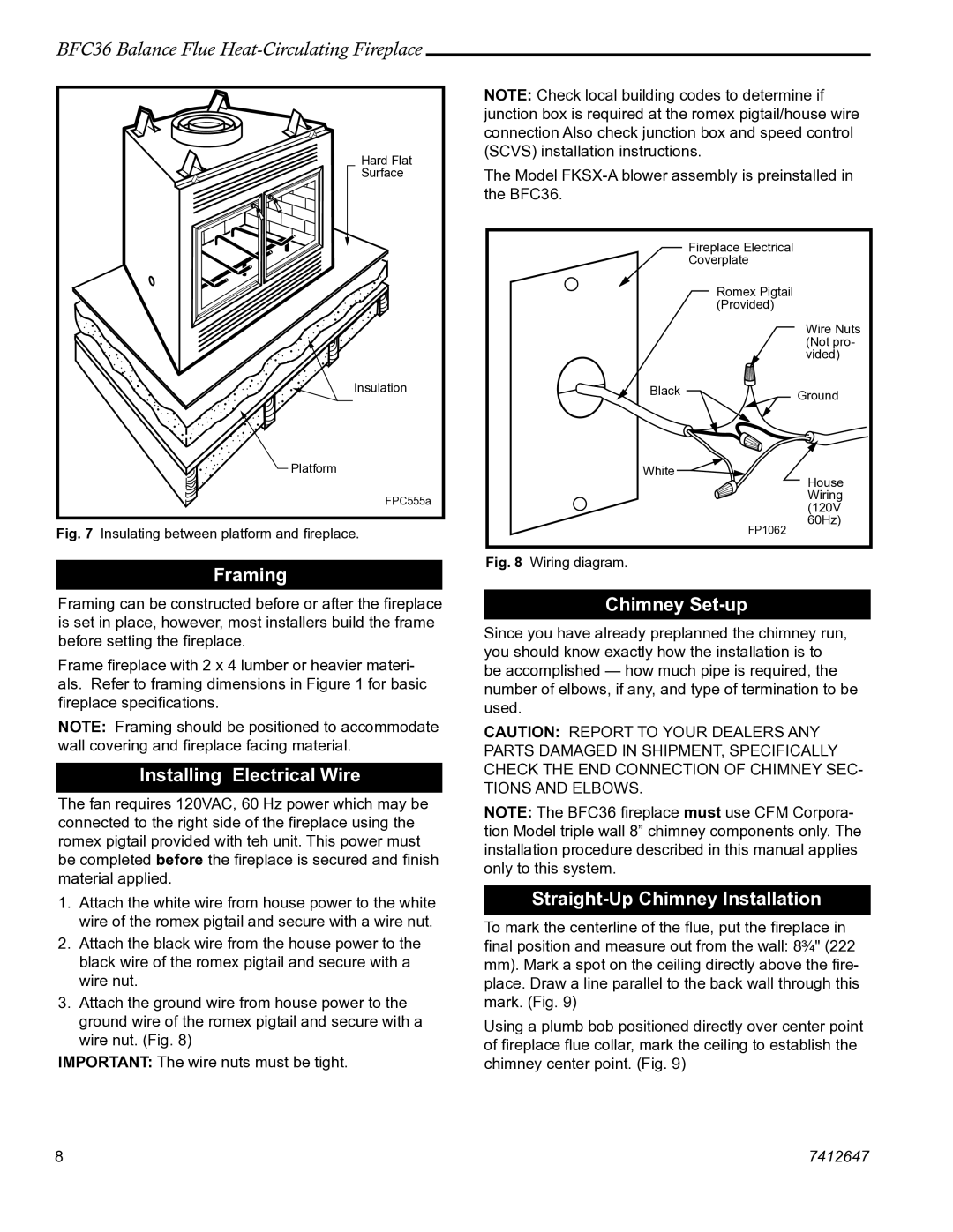 Vermont Casting BFC36 manual Framing, Installing Electrical Wire, Chimney Set-up, Straight-Up Chimney Installation 