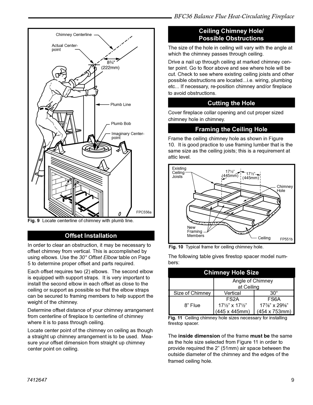 Vermont Casting BFC36 Offset Installation, Ceiling Chimney Hole Possible Obstructions, Cutting the Hole, Chimney Hole Size 