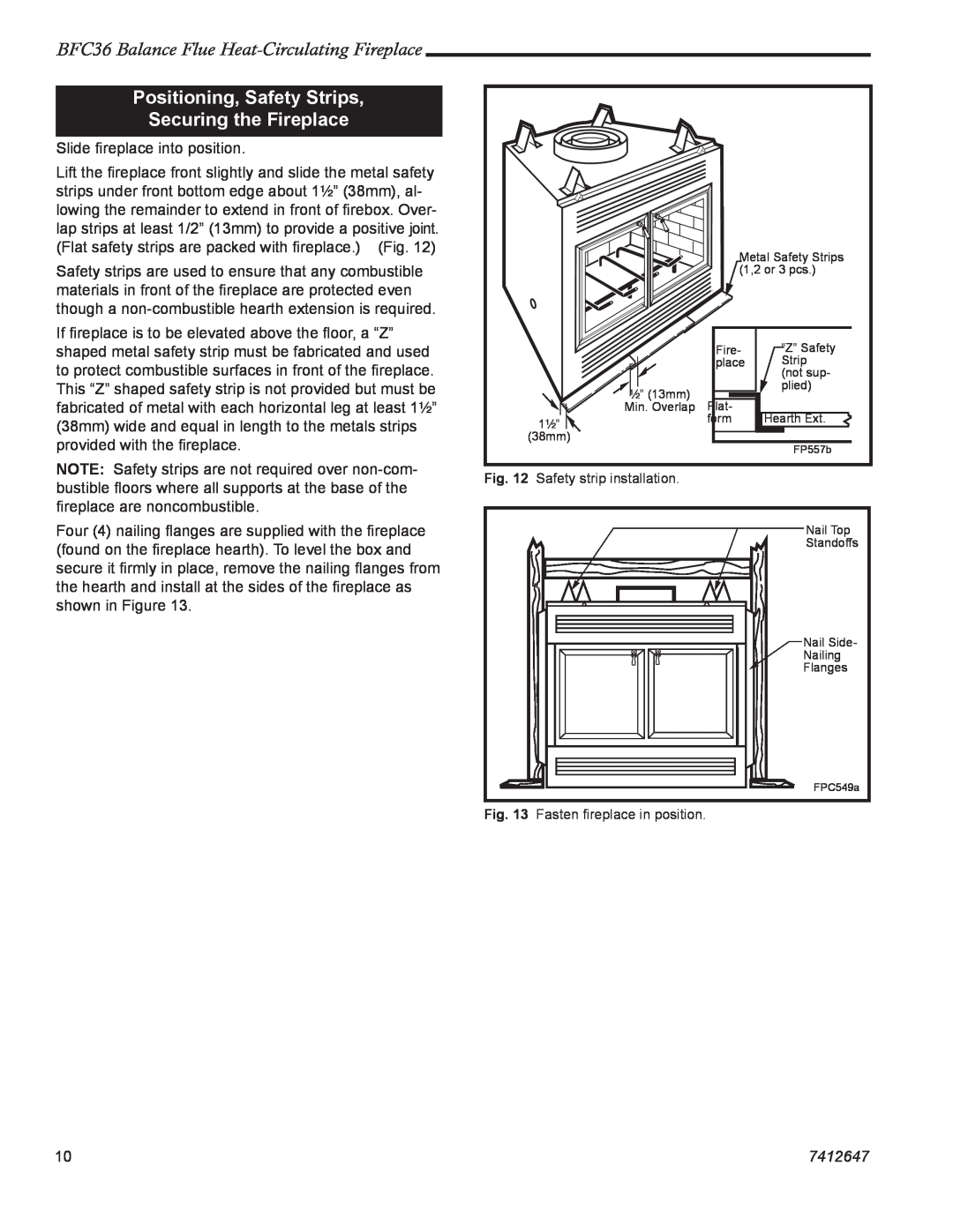 Vermont Casting manual Positioning, Safety Strips Securing the Fireplace, BFC36 Balance Flue Heat-CirculatingFireplace 