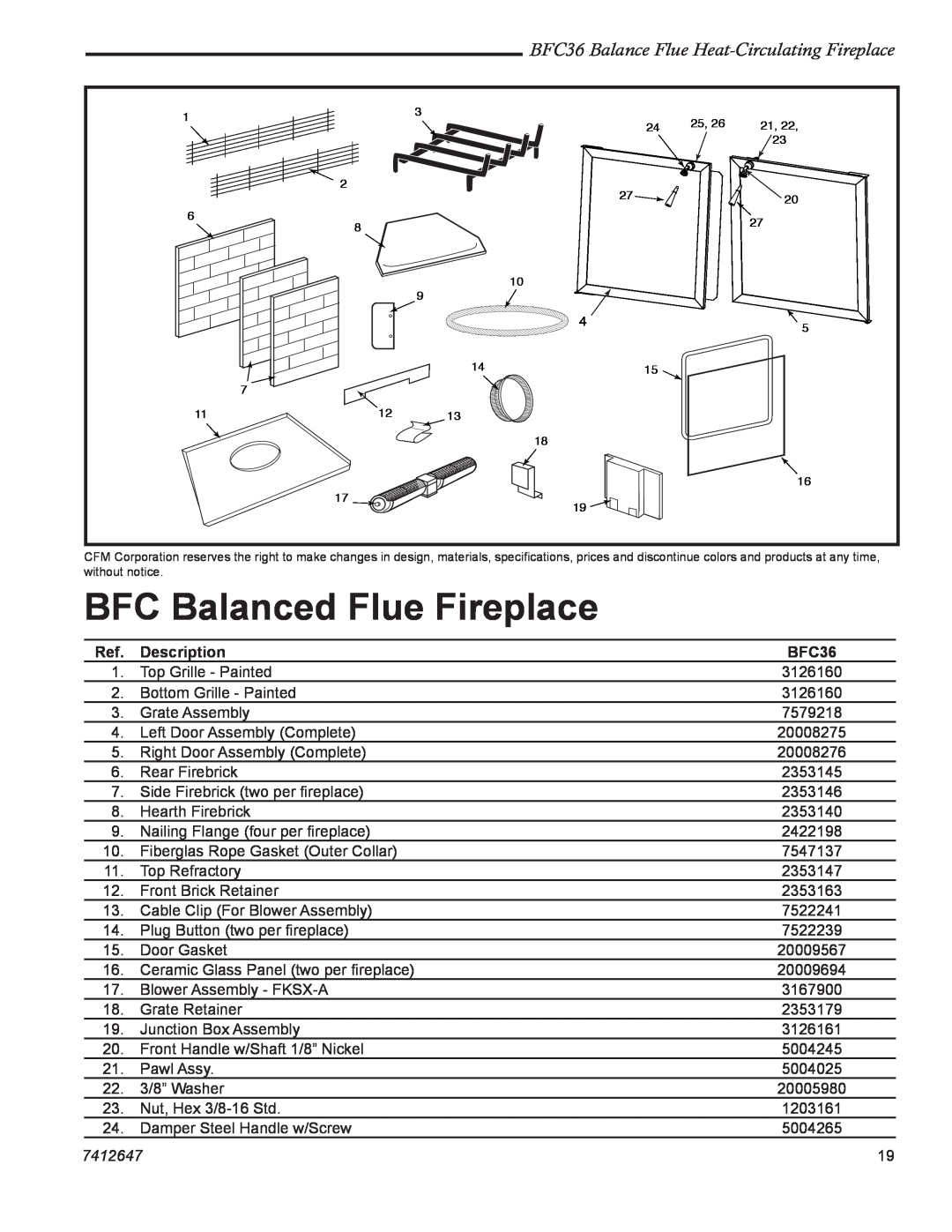 Vermont Casting manual BFC Balanced Flue Fireplace, BFC36 Balance Flue Heat-CirculatingFireplace, Description, 7412647 