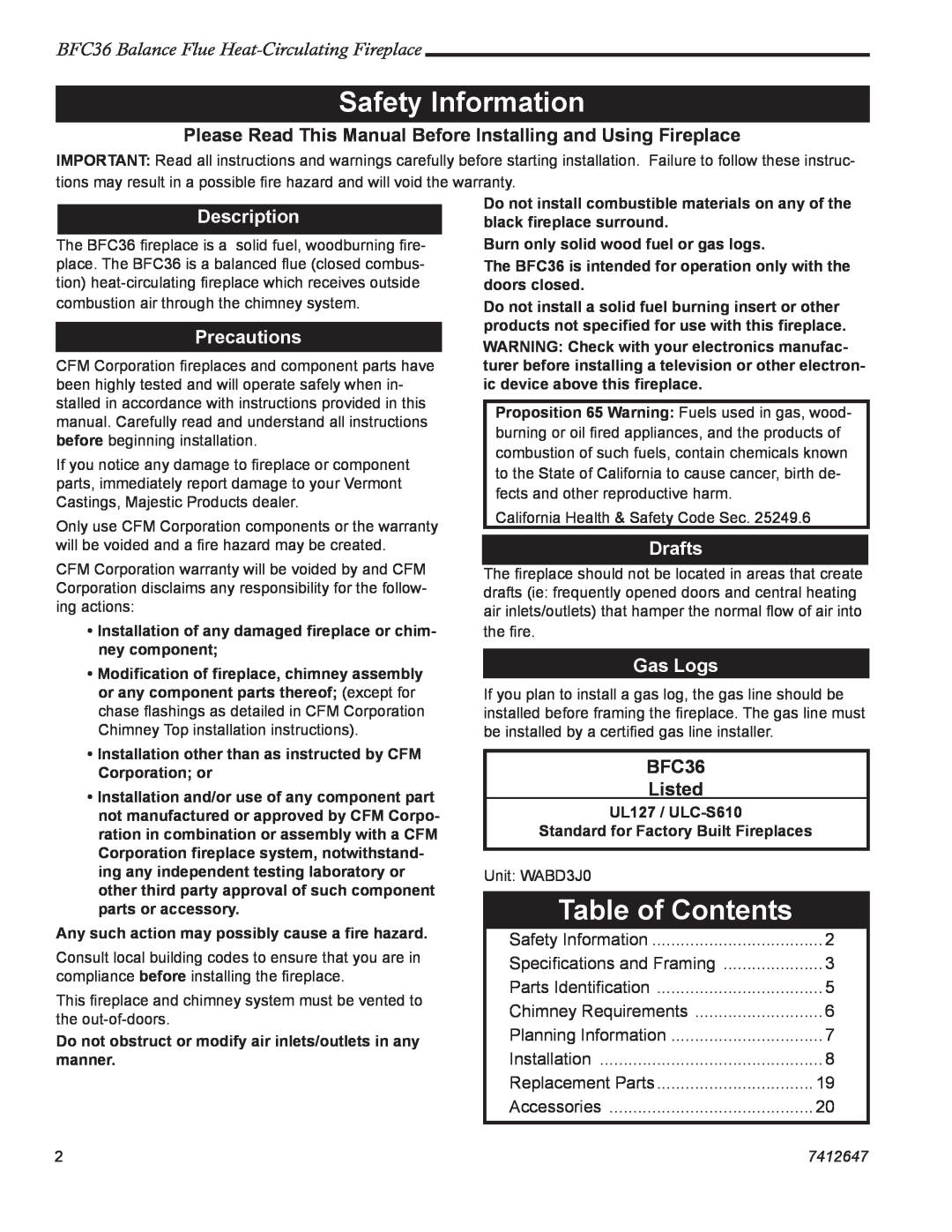 Vermont Casting manual Safety Information, Table of Contents, BFC36 Balance Flue Heat-CirculatingFireplace, Description 