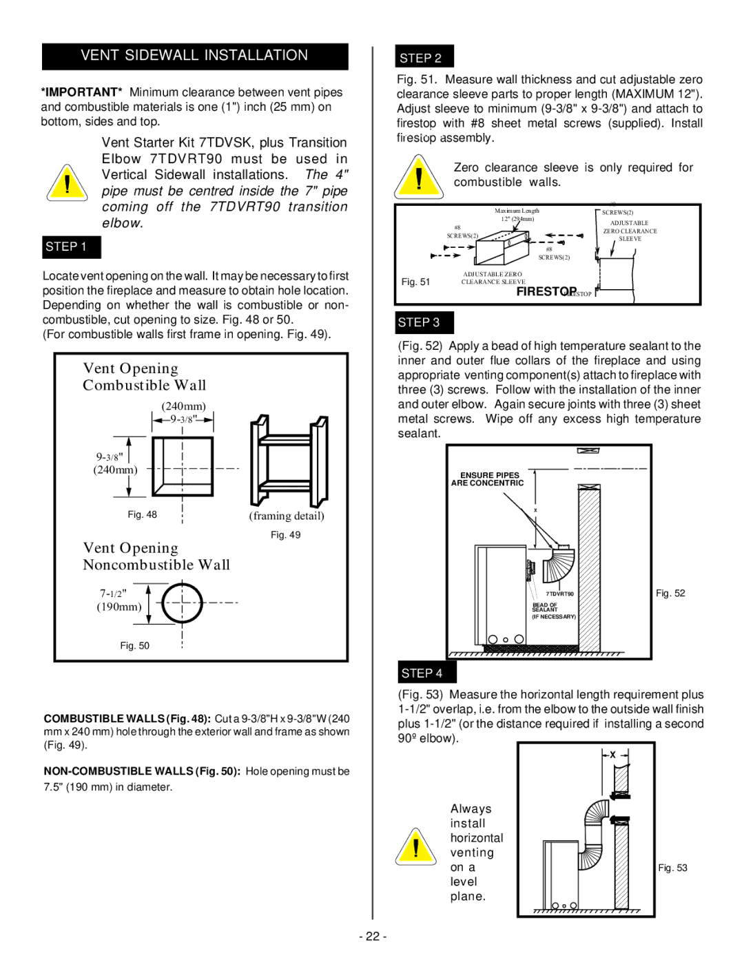 Vermont Casting BHDR36 installation instructions NON-COMBUSTIBLE Walls Hole opening must be 