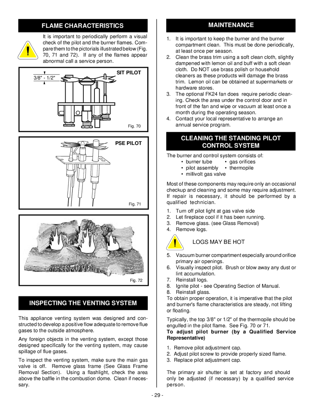 Vermont Casting BHDR36 installation instructions Flame Characteristics, Inspecting the Venting System, Maintenance 