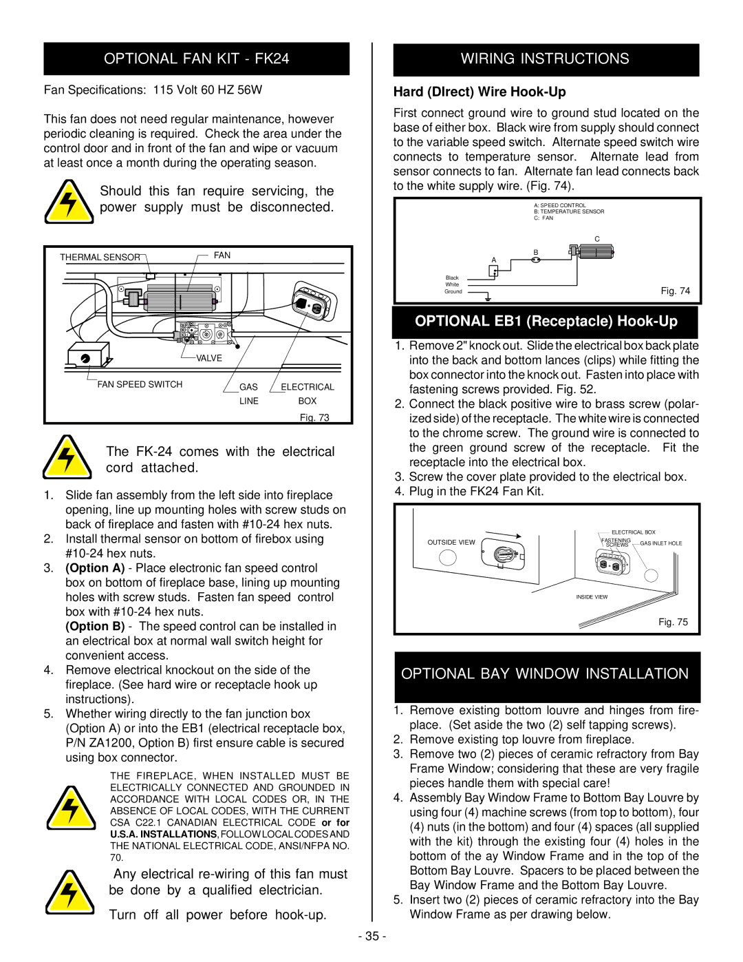 Vermont Casting BHDR36 Optional FAN KIT FK24, Wiring Instructions, Optional BAY Window Installation 