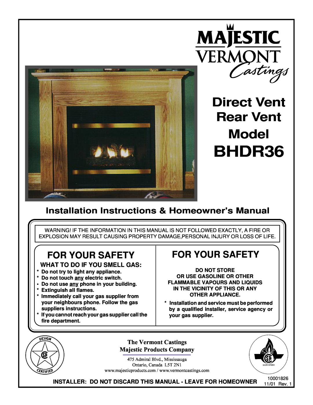 Vermont Casting BHDR36 installation instructions What To Do If You Smell Gas, Direct Vent Rear Vent Model, For Your Safety 