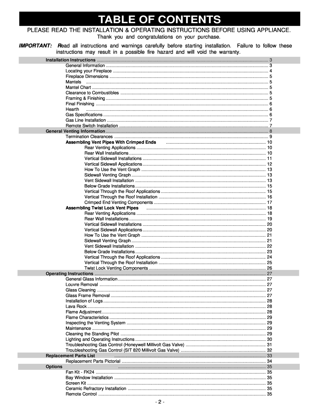 Vermont Casting BHDR36 installation instructions Table Of Contents, Thank you and congratulations on your purchase 