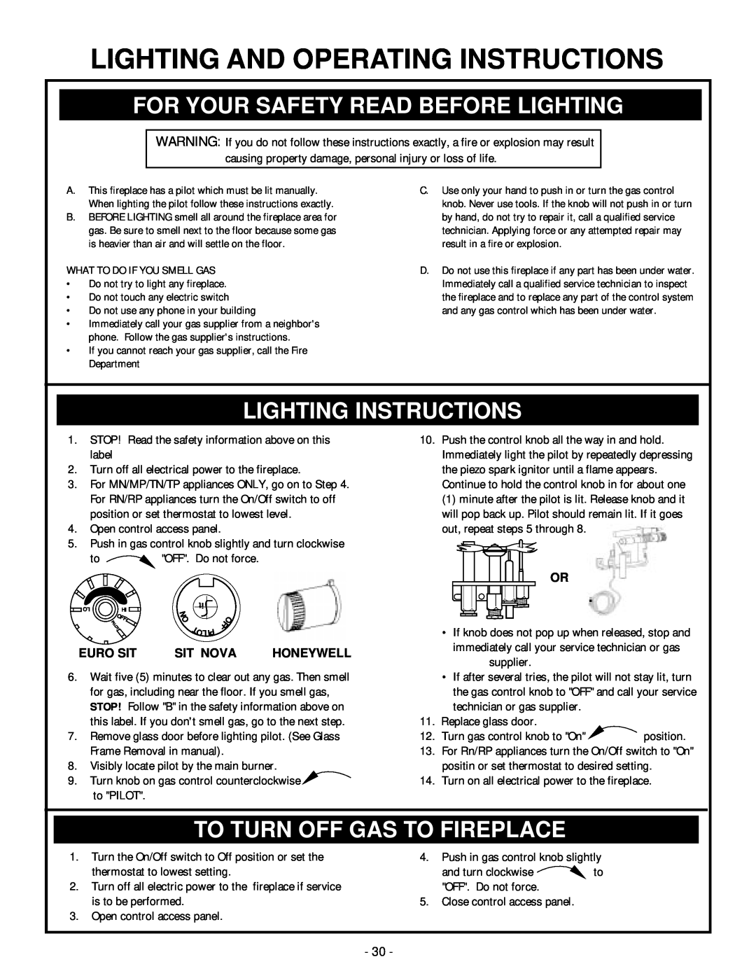 Vermont Casting BHDR36 For Your Safety Read Before Lighting, Lighting Instructions, To Turn Off Gas To Fireplace 