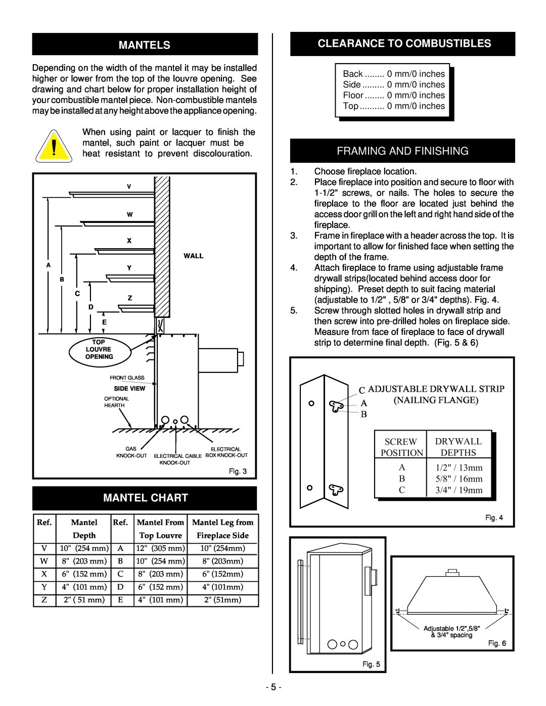 Vermont Casting BHDR36 installation instructions Mantels, Mantel Chart, Clearance To Combustibles, Framing And Finishing 