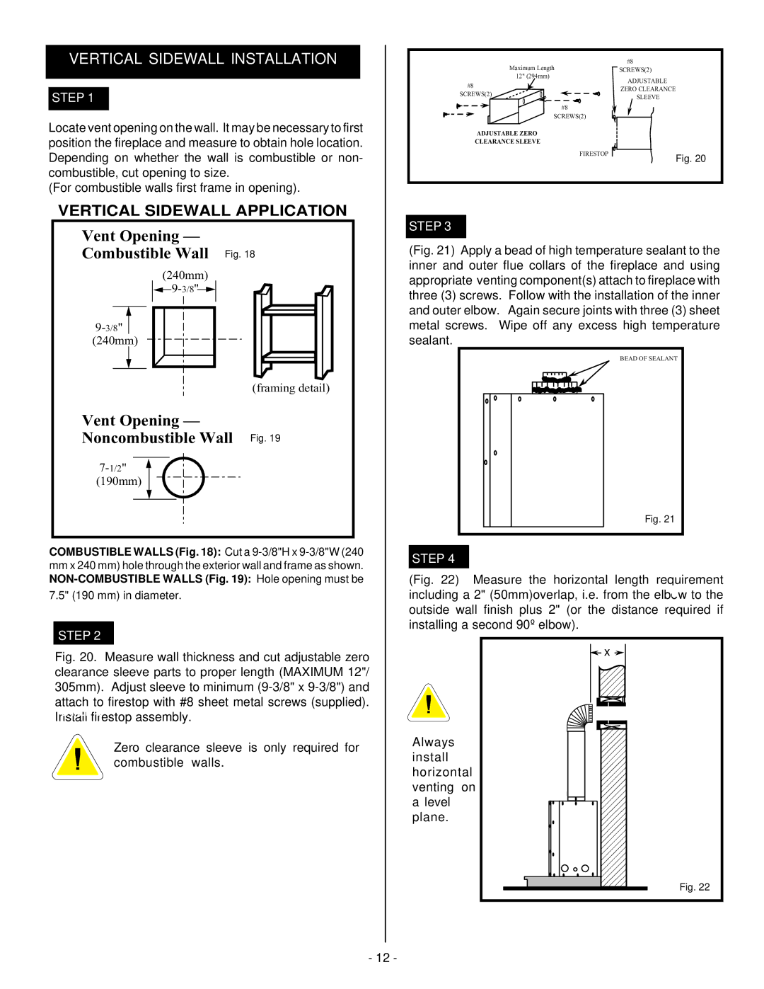 Vermont Casting BHDT36 installation instructions Vertical Sidewall Installation, Step 