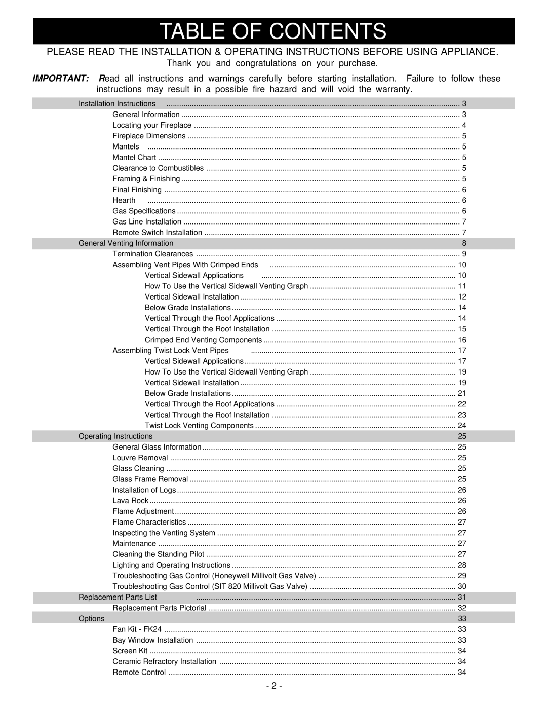 Vermont Casting BHDT36 installation instructions Table of Contents 