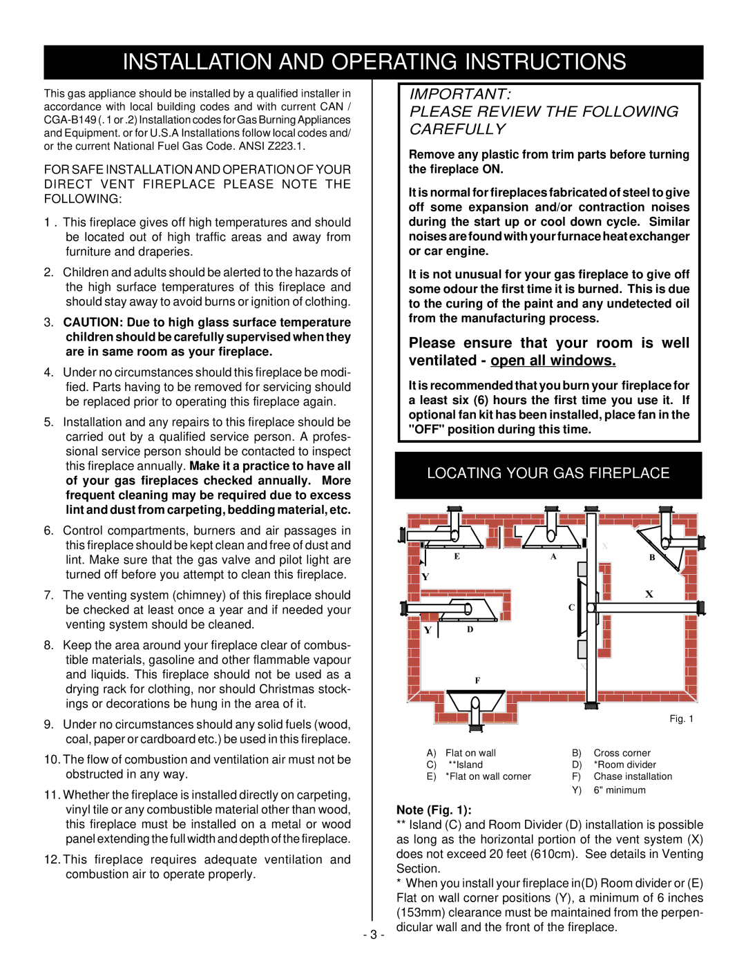 Vermont Casting BHDT36 installation instructions Installation and Operating Instructions, Locating Your GAS Fireplace 