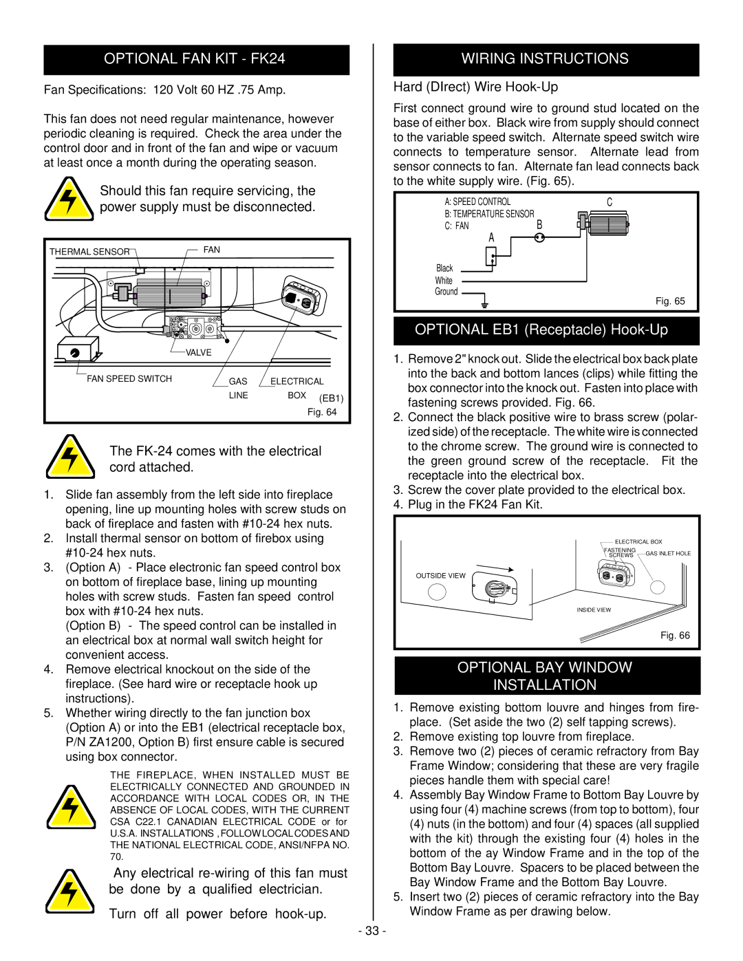 Vermont Casting BHDT36 installation instructions Optional FAN KIT FK24 