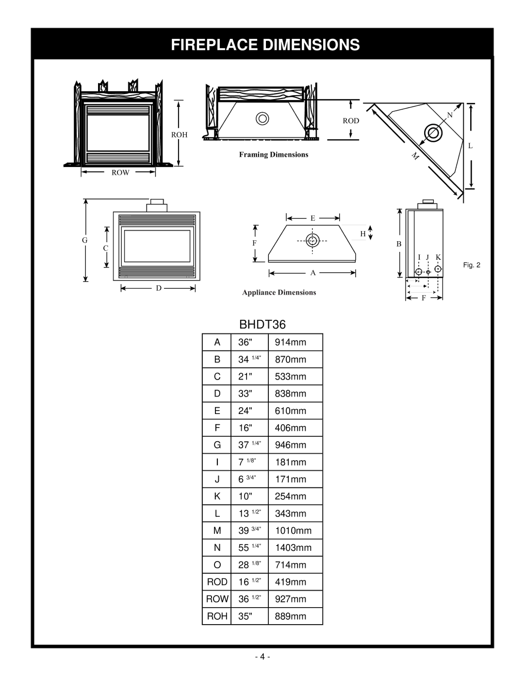 Vermont Casting BHDT36 installation instructions Fireplace Dimensions 