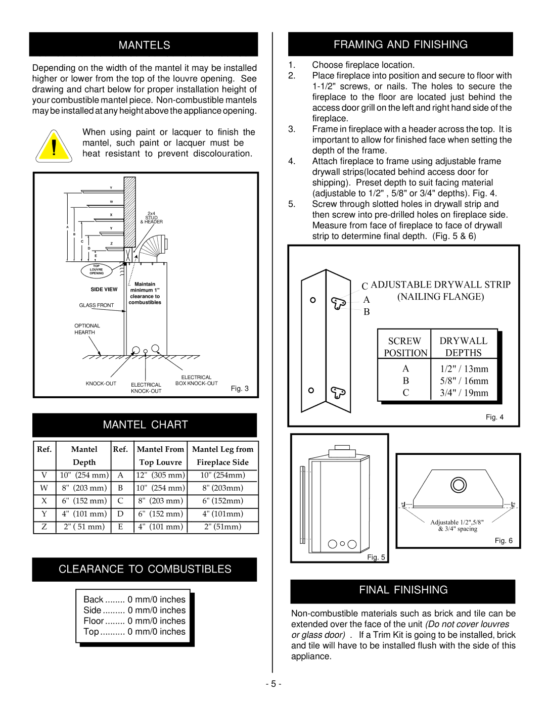 Vermont Casting BHDT36 Mantels, Mantel Chart, Clearance to Combustibles, Framing and Finishing, Final Finishing 