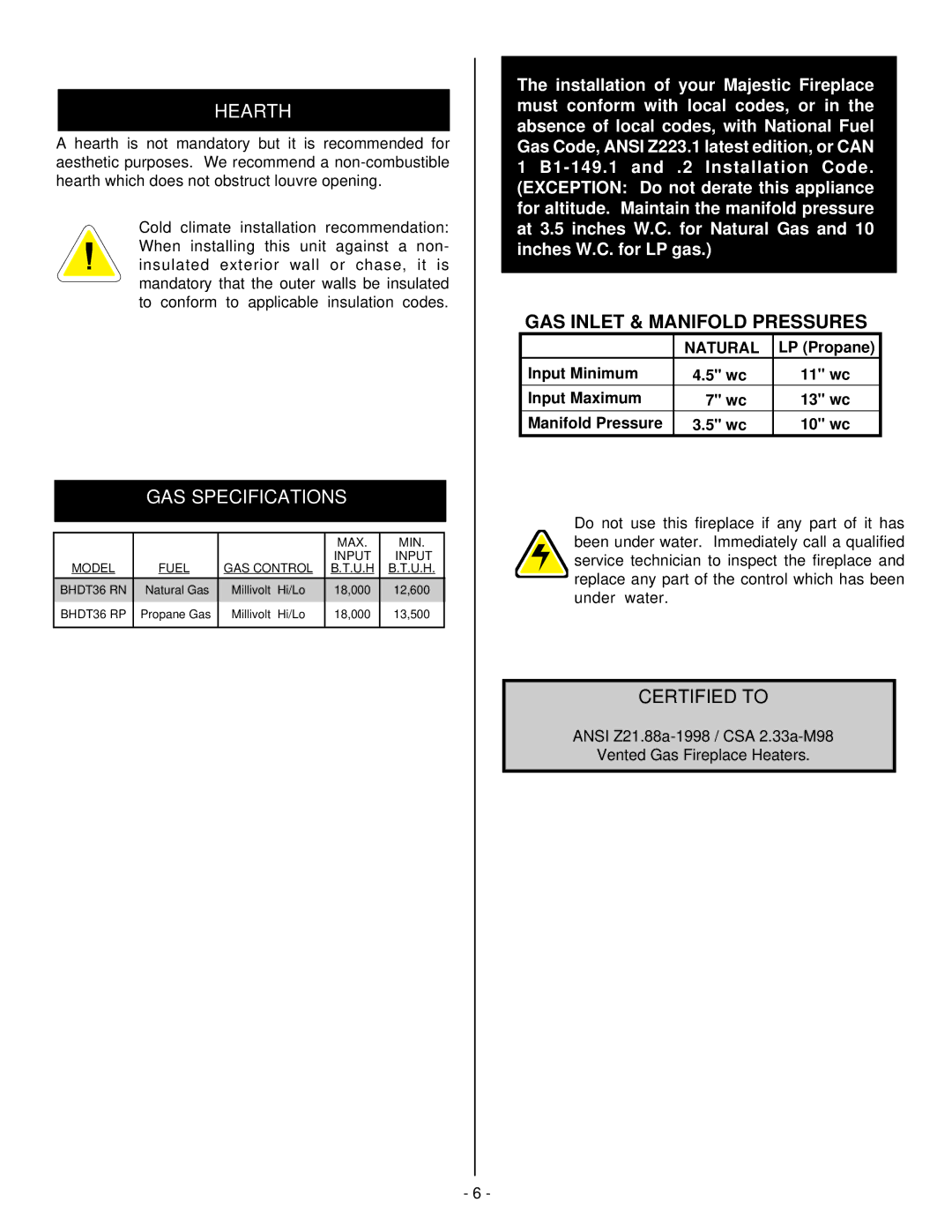 Vermont Casting BHDT36 installation instructions Hearth, GAS Specifications 