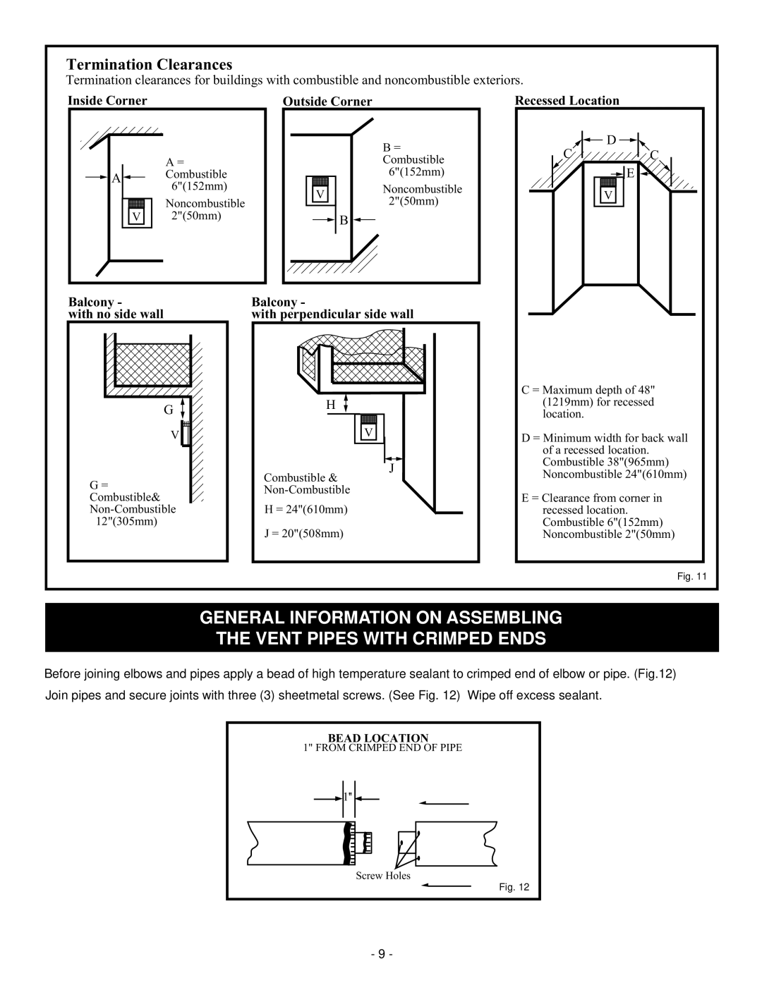 Vermont Casting BHDT36 installation instructions Termination Clearances 