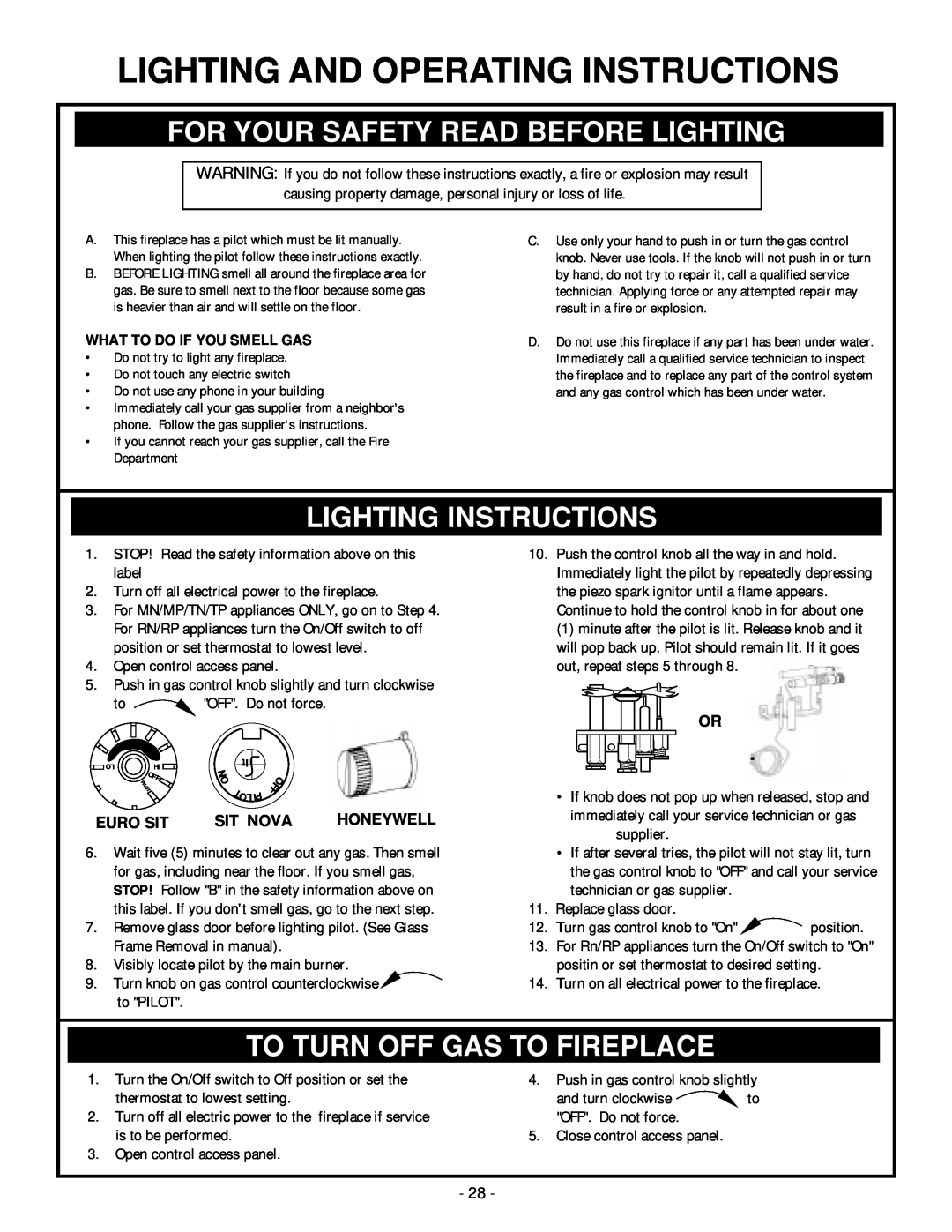 Vermont Casting BHDT36 For Your Safety Read Before Lighting, Lighting Instructions, To Turn Off Gas To Fireplace 