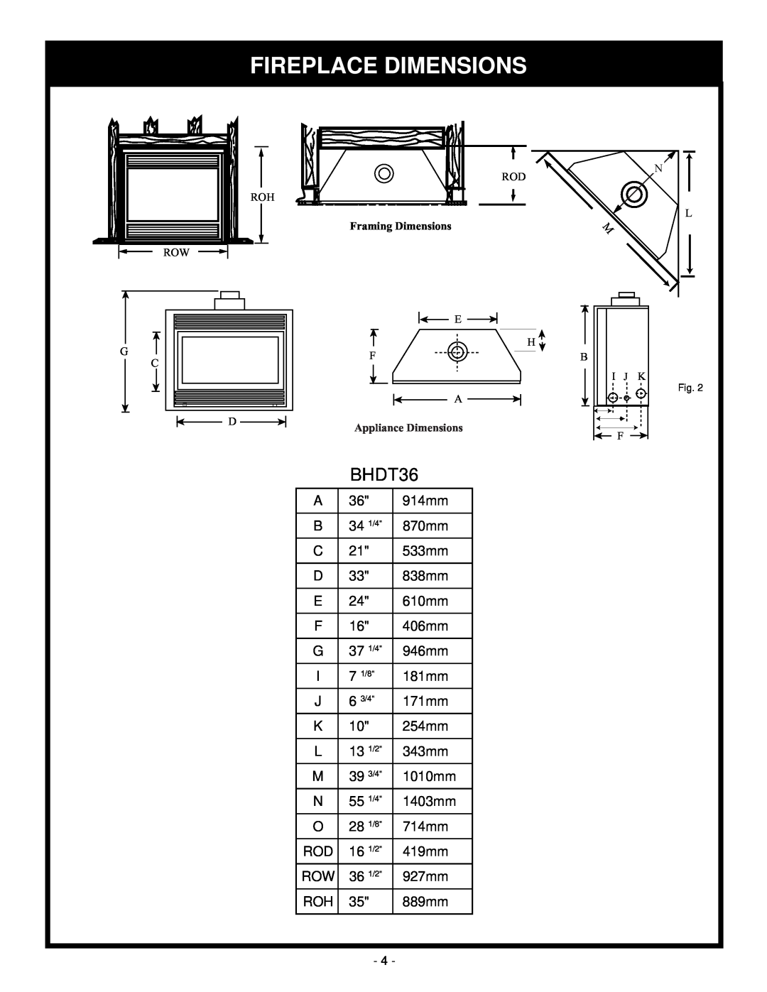 Vermont Casting BHDT36 installation instructions Fireplace Dimensions 