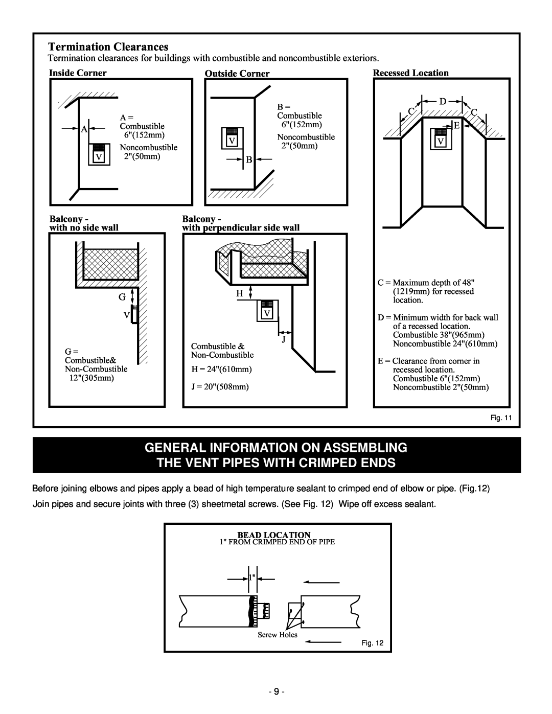Vermont Casting BHDT36 Termination Clearances, Inside Corner, Outside Corner, Recessed Location, Balcony, D Cc E 