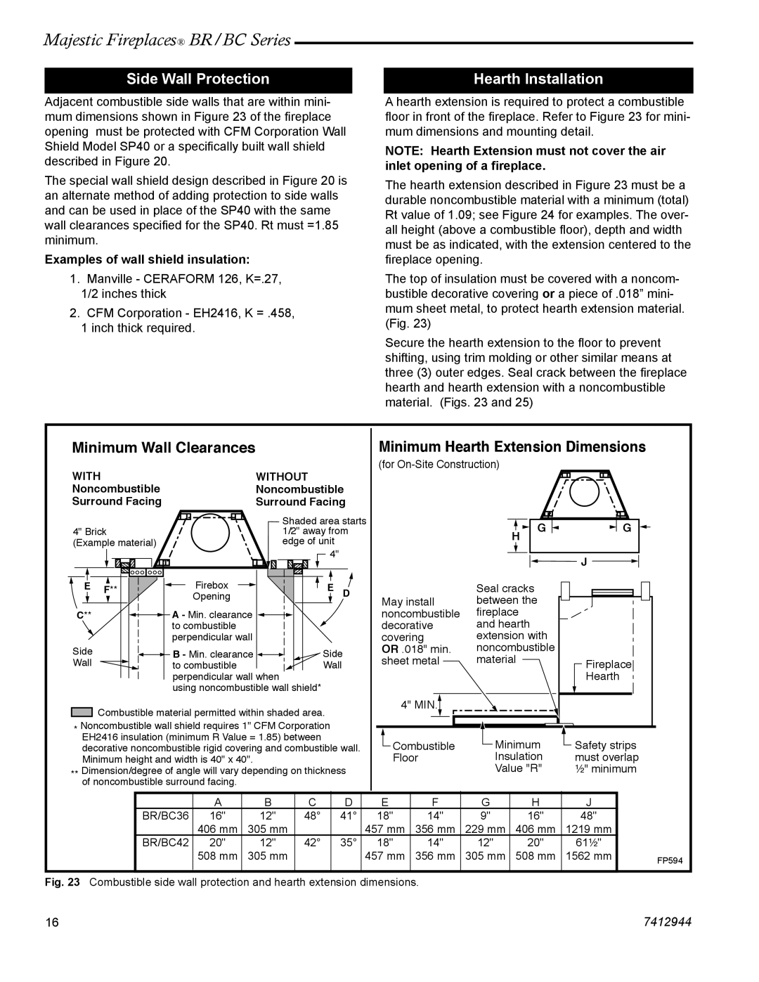 Vermont Casting BR42, BC42, BC36, BR36 manual Side Wall Protection, Hearth Installation, Examples of wall shield insulation 