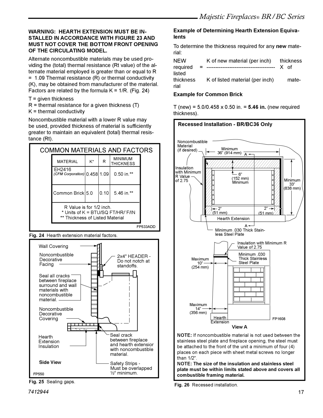 Vermont Casting BC42, BR42, BC36, BR36 manual Example of Determining Hearth Extension Equiva- lents, Example for Common Brick 