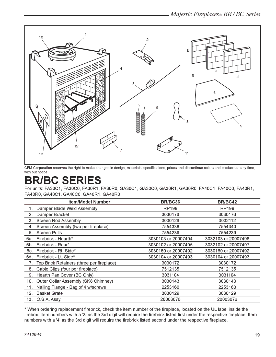 Vermont Casting BR36, BR42, BC42, BC36 manual BR/BC Series, Item/Model Number 