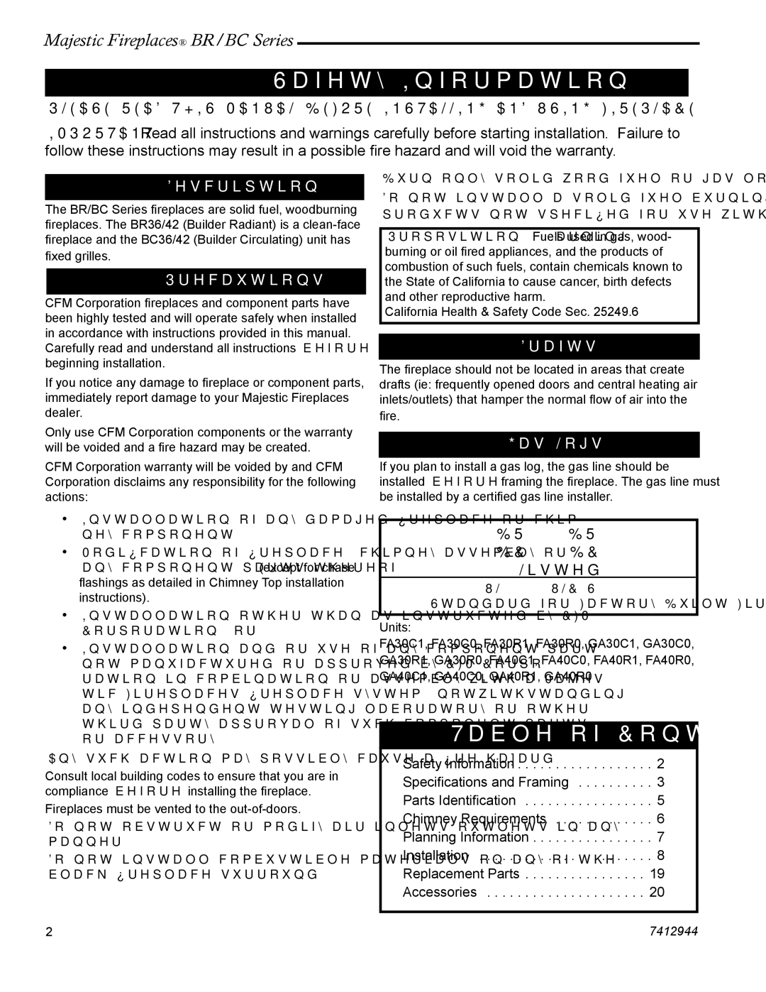 Vermont Casting BC36, BR42, BC42, BR36 manual Safety Information, Table of Contents 