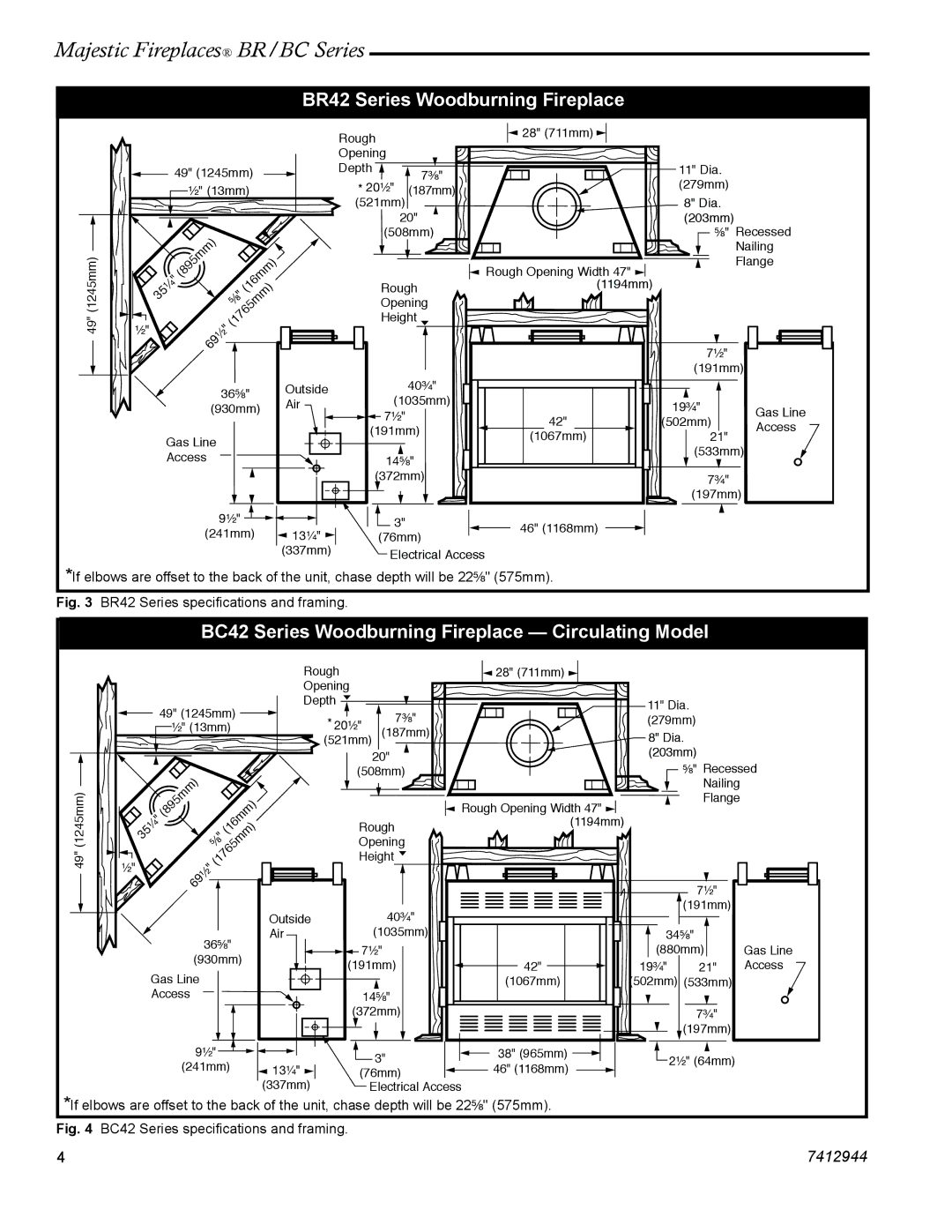 Vermont Casting BC42, BC36, BR36 manual BR42 Series Woodburning Fireplace, BR42 Series speciﬁcations and framing 