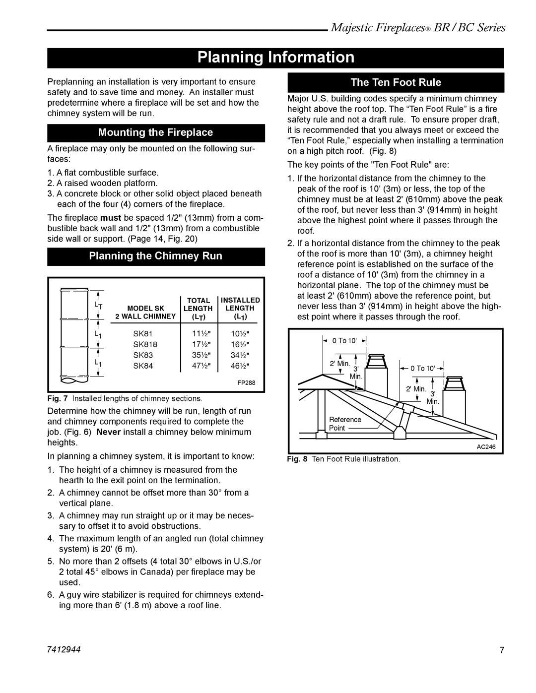 Vermont Casting BR36, BR42, BC42, BC36 Planning Information, Mounting the Fireplace, Planning the Chimney Run, Ten Foot Rule 